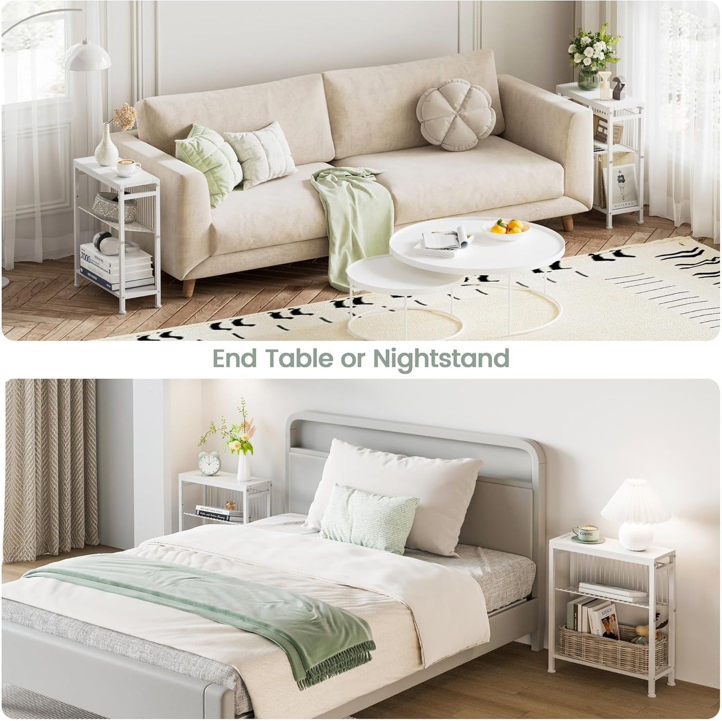 End Table for Small Space, 3-Tier Narrow Side Table with Magazine Holder,Small Nightstand, Skinny Snack Couch Table in Living Room, Bedroom Study and Balcony (White)