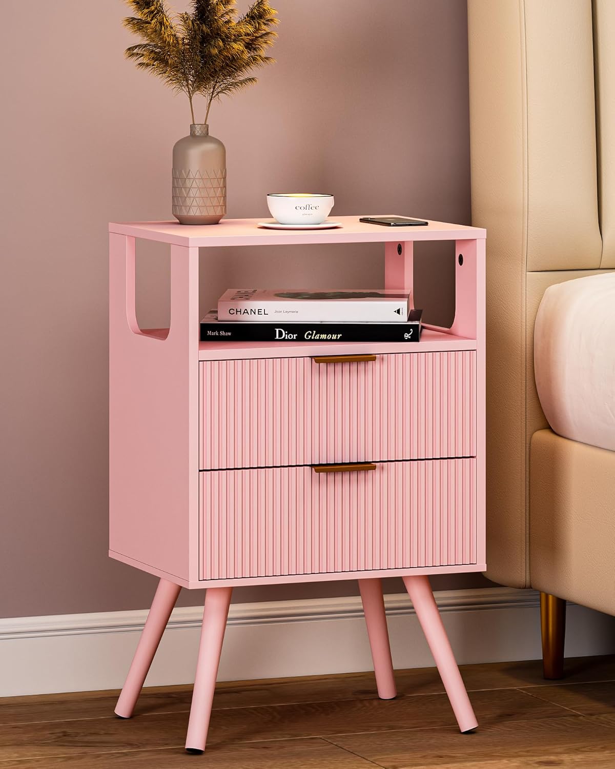 Pink Nightstand,Modern Bedside Table with 2 Storage Drawer and Open Wood Shelf, for Bedroom and Small Spaces,Night Stand with Solid Wood Legs