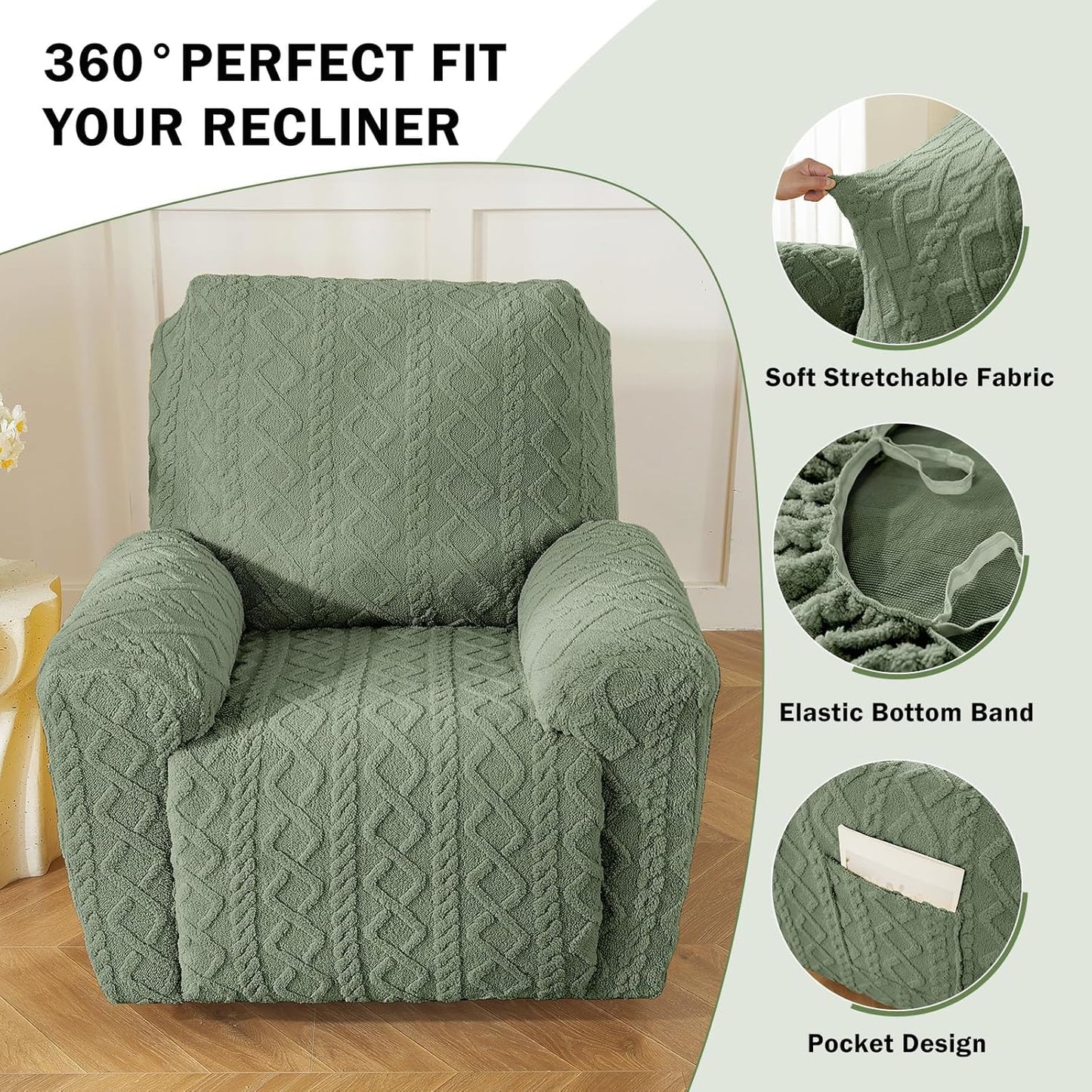 vctops Christmas Green 4 Pieces Geometric Jacquard Plush Recliner Slipcovers Soft Fuzzy Fluffy Sofa Couch Cover Anti-Slip Furniture Protector with Elastic Bottom for Kids Cats Dogs(Green,1 Seat)