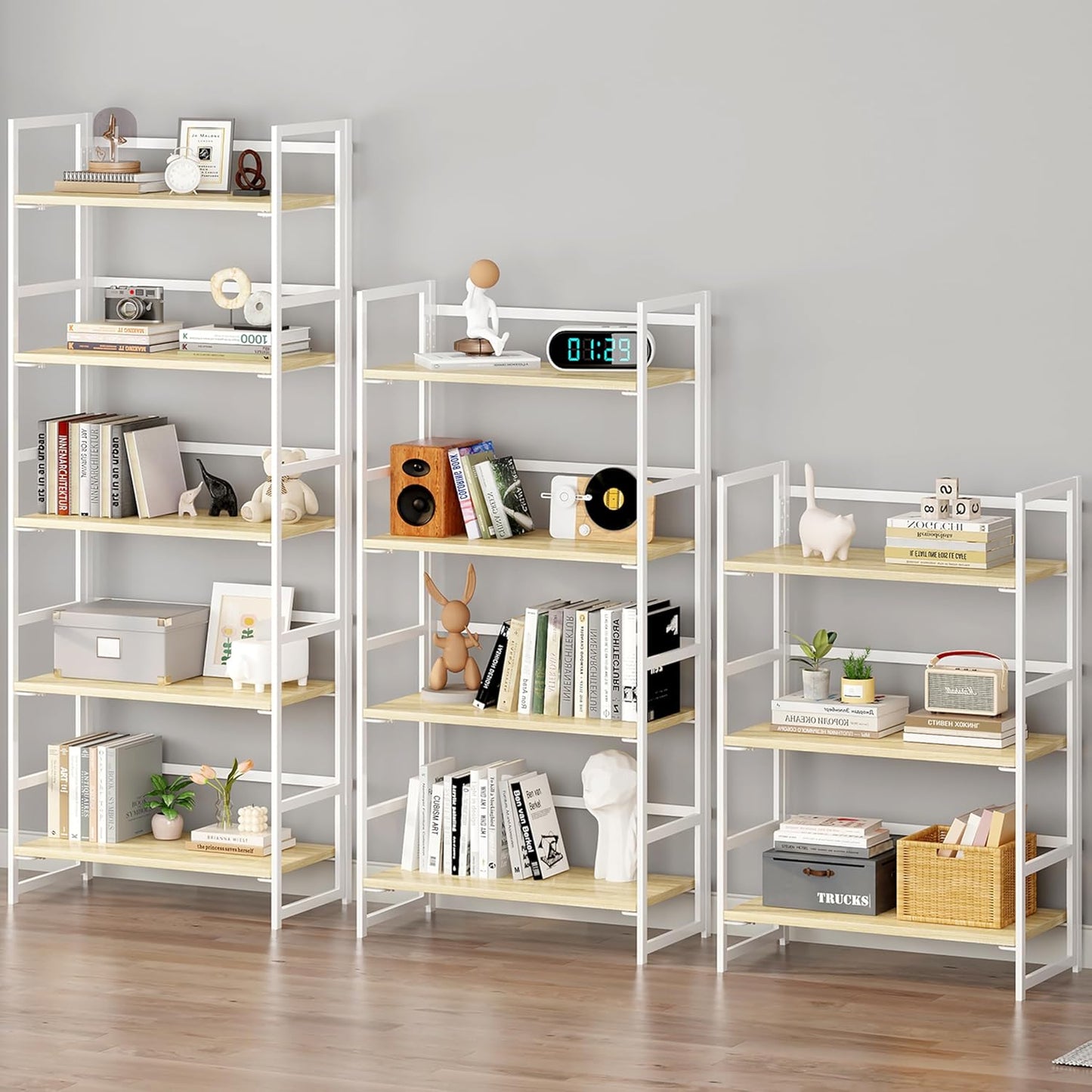 BHG Vintage Multifunctional Folding Bookshelf, No-Assembly Plant Stand Storage Rack Shelves for Home Office (White, 4-Tier)