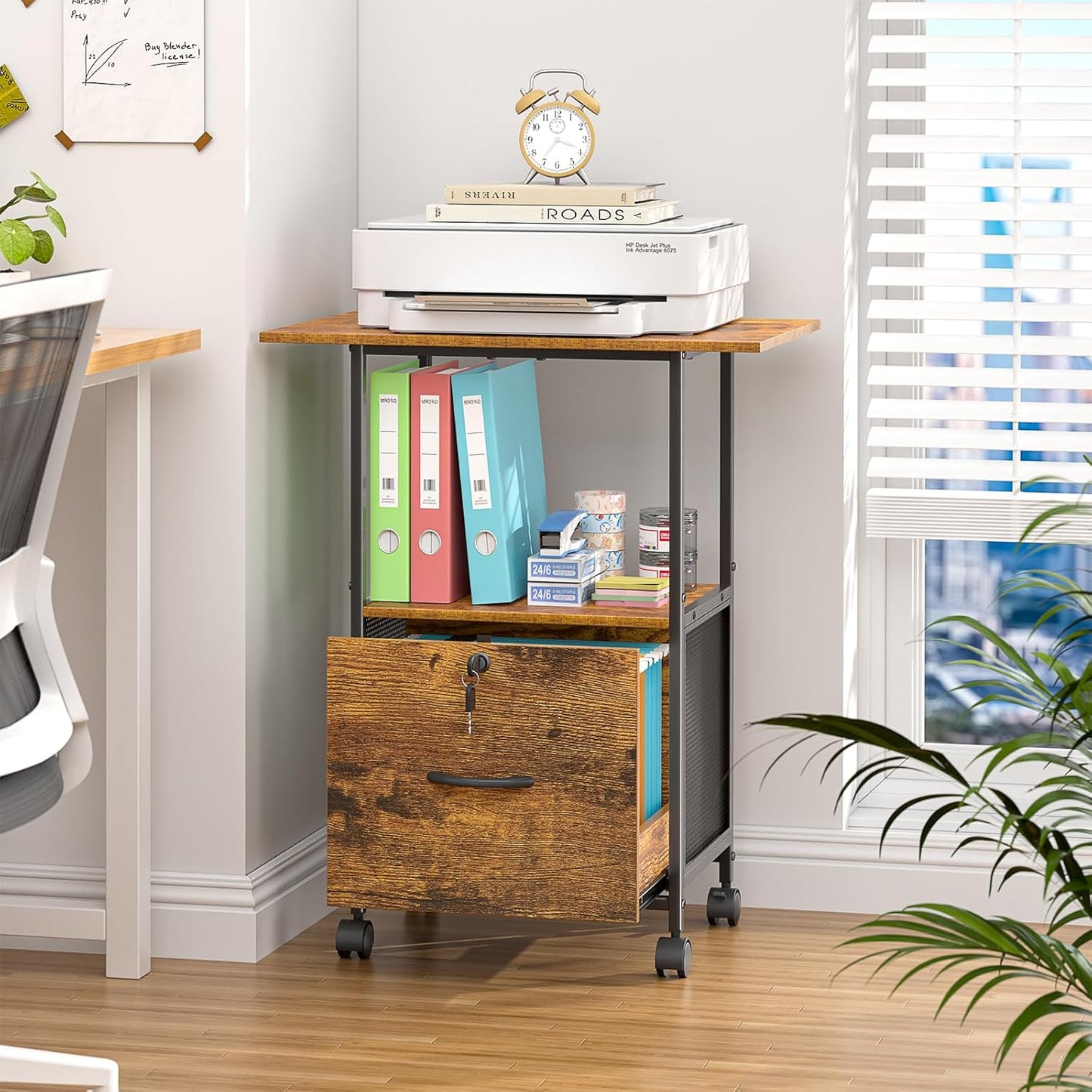 Small Filing Cabinet with Lock, Printer Stand with File Storage, Rolling Locking File Cabinet with Drawer Vertical File Cart with Wheels, Lockable Filing Cabinet for Home Office