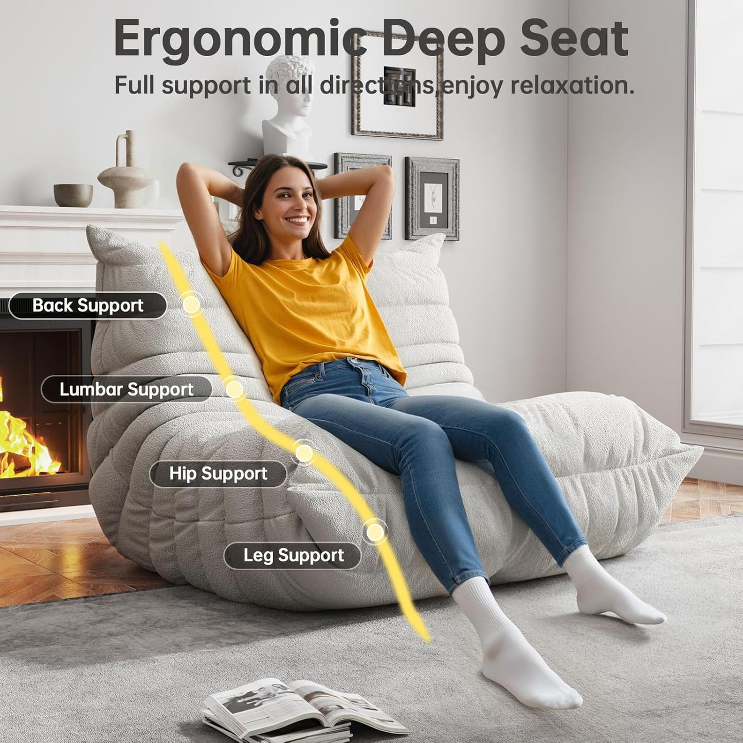 Bean Bag Chairs for Adults, BeanBag Reading Chair Memory Foam Couch, Floor Chair Soft Teddy Material, Comfy Reading Nook Chairs for Bedroom Living Room Office (White)