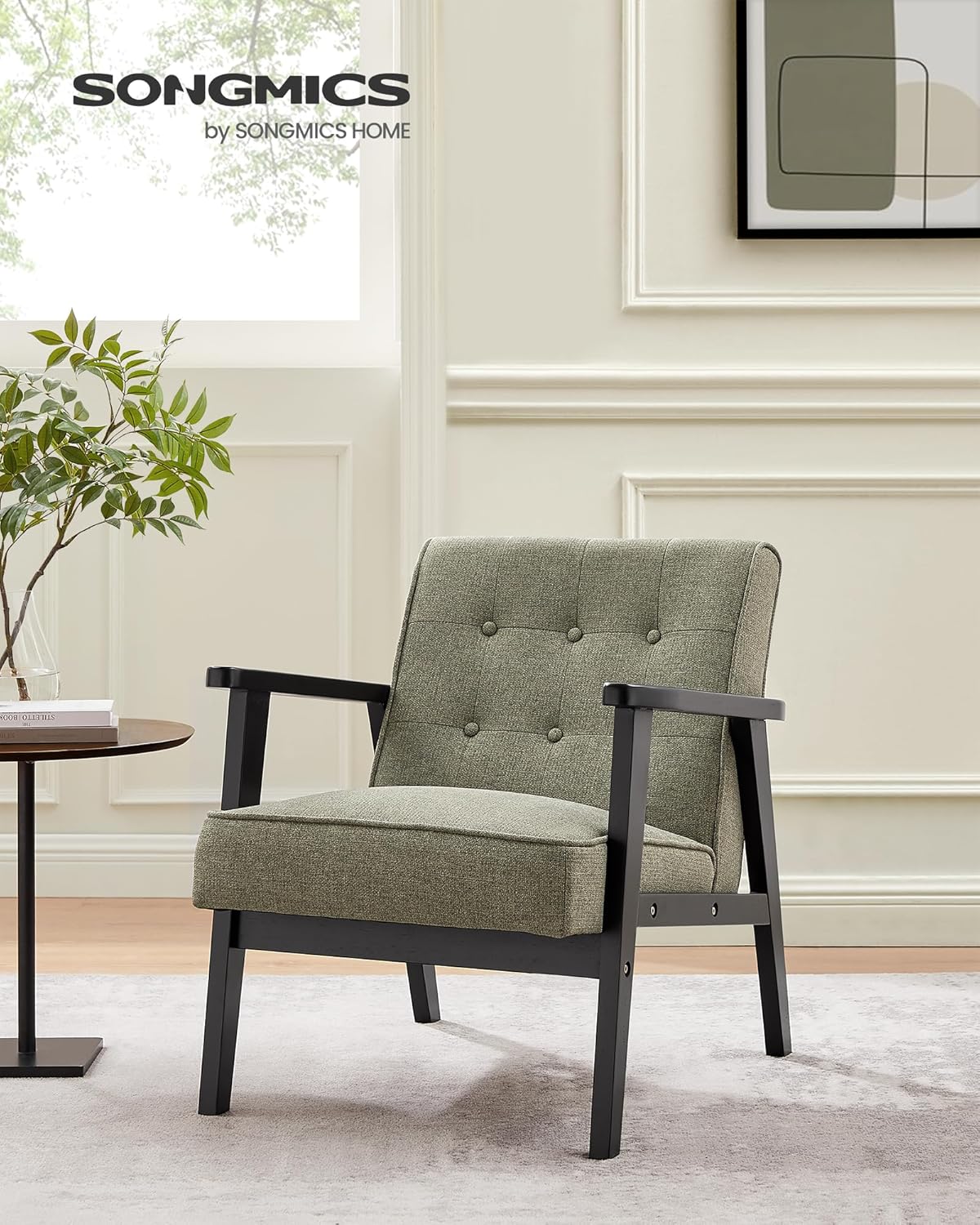 SONGMICS Accent Leisure Chair, Mid-Century Modern Arm Chair with Solid Wood Armrests and Legs, 1-Seat Cushioned Sofa for Living Room Bedroom Balcony Studio, Olive Green ULAC001C01