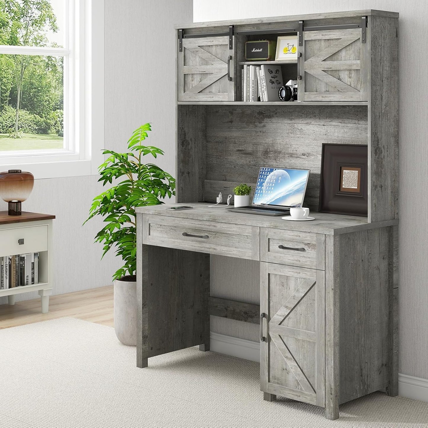 Farmhouse 47" Executive Desk, Computer Desk with Drawers and Storage Cabinet, Workstation with Hutch for Home Office