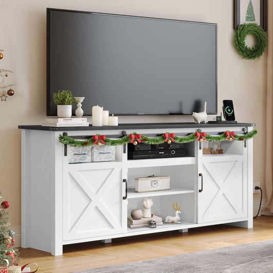 YITAHOME TV Stand for 75 Inch TV with Power Outlets, Farmhouse Entertainment Center with Sliding Barn Doors & Adjustable Shelves, TV Media Console Storage Cabinet for Living Room, Bedroom, White/Black