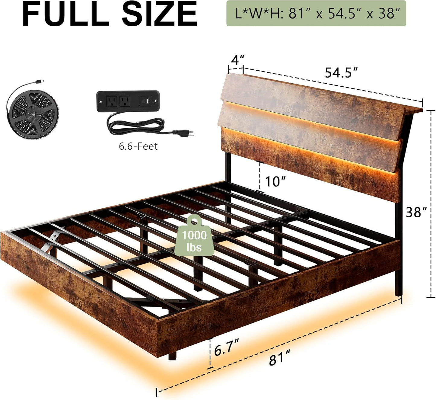 Feonase Floating Bed Frame Full with Led Lights and Charging Station, Wood Full Size Bed Frame with Storage Headboard, Heavy Duty Metal Slats, No Box Spring Needed, Easy Assembly, Vintage Brown