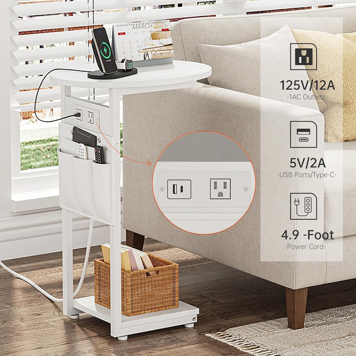Vagusicc C Shaped End Table with Charging Station, Small Side Table for Couch, TV Tray Slide Under Sofa Table for Living Room and Bedroom, C Table Round Couch Side Table, White