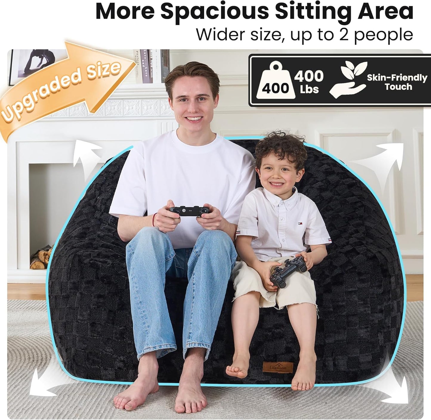 Bean Bag Chairs for Adults, Giant Beanbag Sofa Comfy Reading Chair, Oversized Bean Bag Chairs for Living Room Bedroom, Soft Faux Fur Fabric, 3.2FT, Black, Checkered