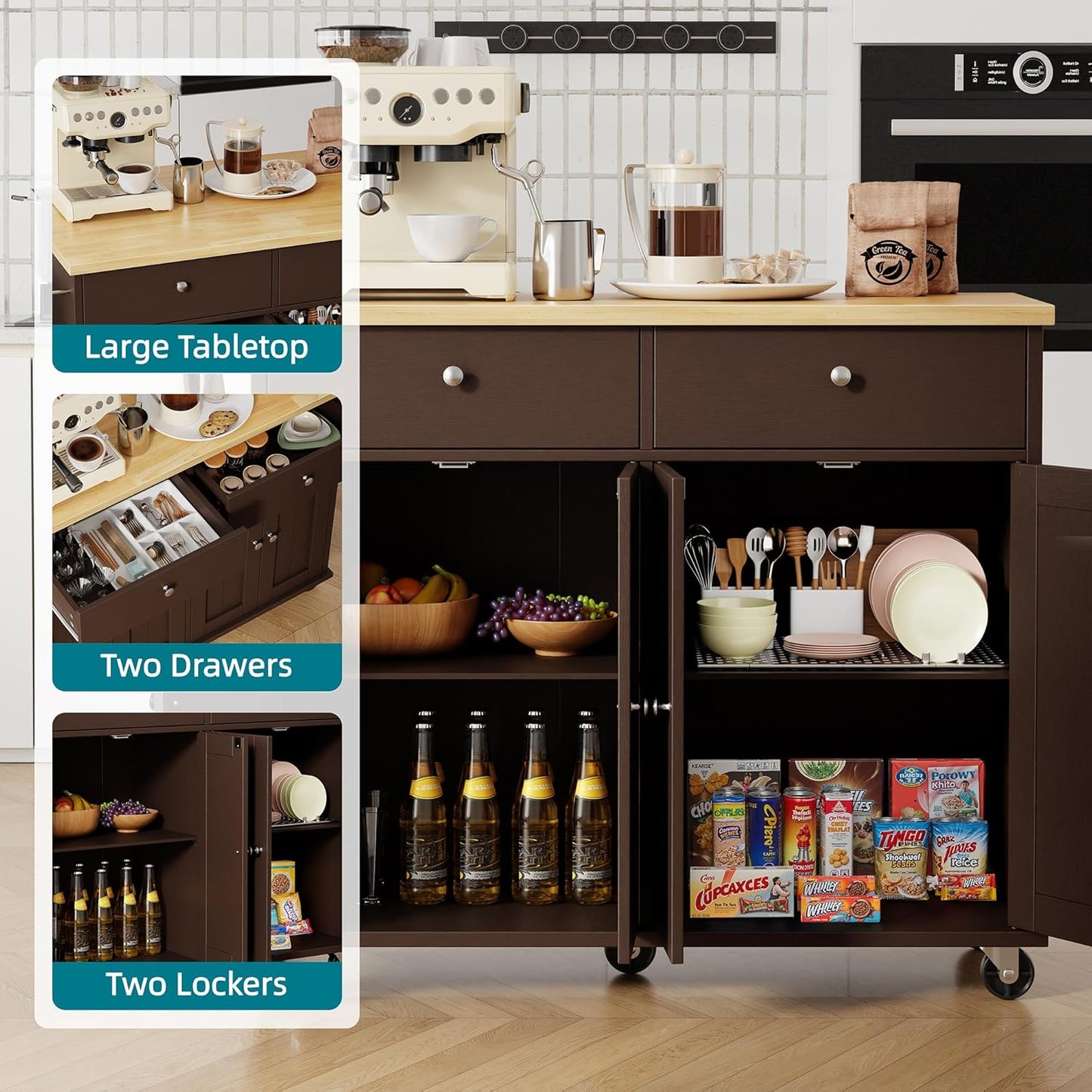 Shintenchi Kitchen Island with Drop Leaf, Rolling Kitchen Cart with Storage on Wheels, Table Bar Cart for Kitchen with Towel Rack & Seating Area for Dining Room, Brown