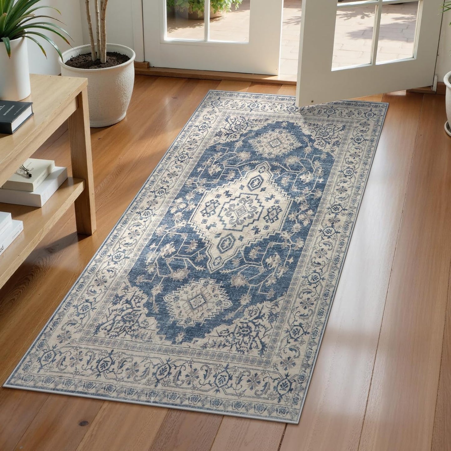 Lahome Oriental Small Area Rug, 2x4 Washable Entryway Rug Non-Slip Ultra-Thin Indoor Door Mat Distressed Throw Carpet for Kitchen Bedroom, Blue