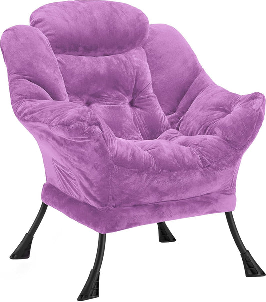 Fabric Lazy Chair for Adults, Oversized Upholstered Sofa Chair, Plush Comfy Lounge Chair with Large Side Storage Pocket, Thick Padded Reading Chair for Living Room, Bedroom, Office, Purple