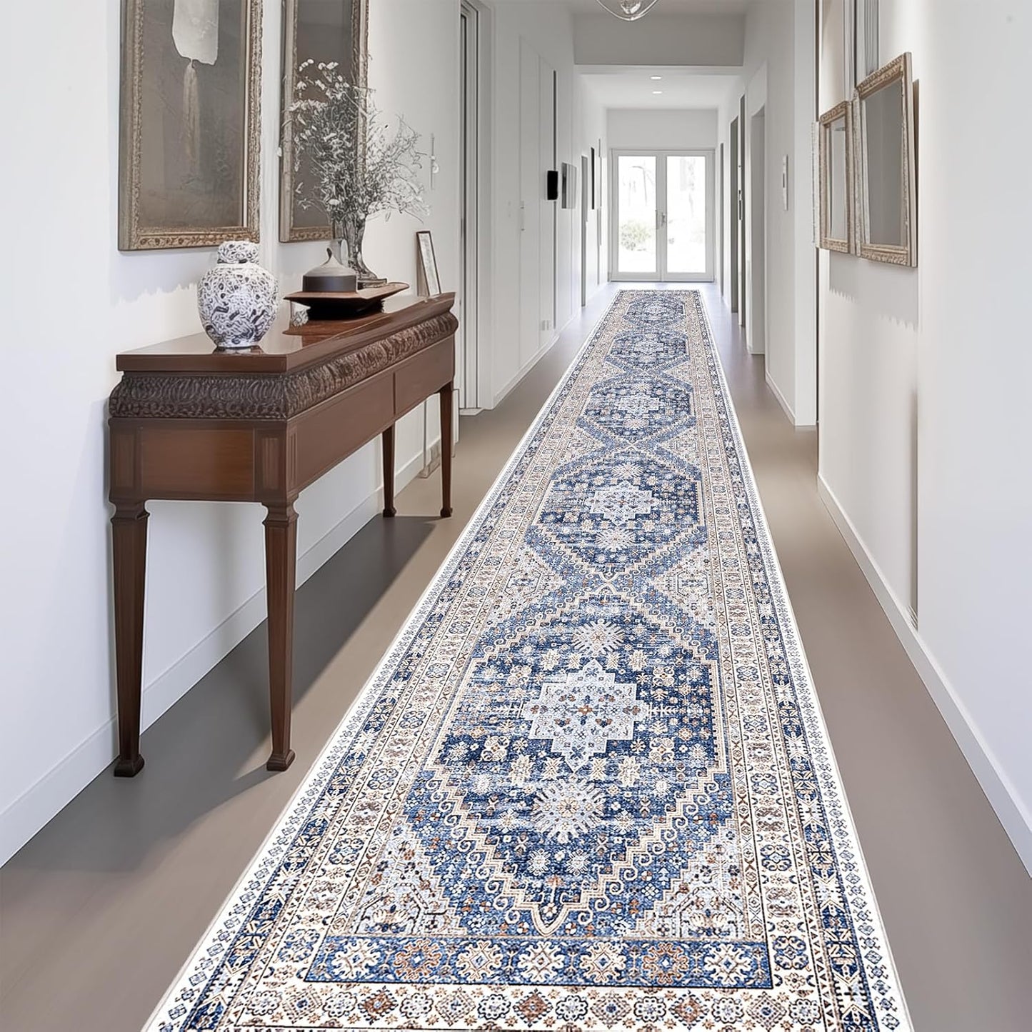 zesthome Washable Runner Rug 2.5x14 - Stain Resistant Entryway Rug,Ultra-Thin Kitchen Rugs, Anti Slip Backing Runner Rugs for Entrance Laundry Room Indoor Hallway (Blue/Beige,2.5'x14')