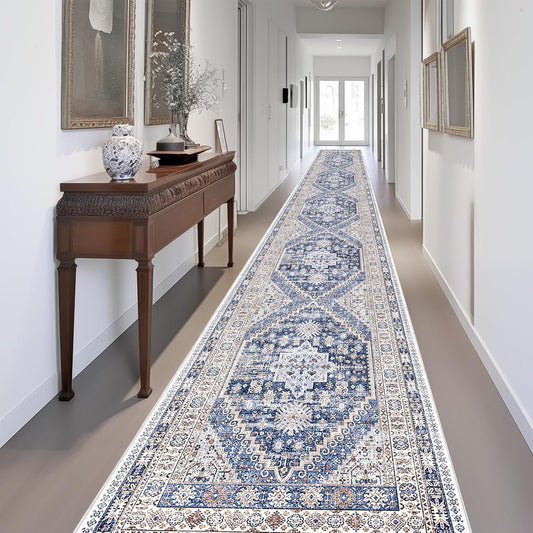 zesthome Washable Runner Rug 2.5x14 - Stain Resistant Entryway Rug,Ultra-Thin Kitchen Rugs, Anti Slip Backing Runner Rugs for Entrance Laundry Room Indoor Hallway (Blue/Beige,2.5'x14')