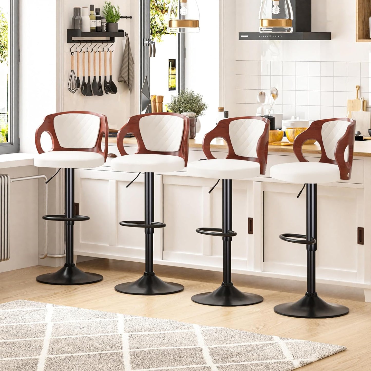 VECELO Bar Stool Set of 4, Kitchen Island Stools with Bentwood Back,Arm&Footrest,Island Chairs Adjustable Height PU Leather Cushion Seat,360°Swivel Stools for Kitchen Counter,Club Pub,Pearl White