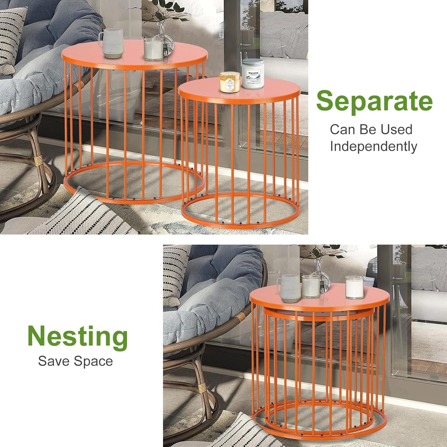 SUNNYPARK Outdoor Side Table Set of 2, Metal Circle Accent End Tables for Balcony Backyard Garden Indoor Living Room, Durable Black Nesting Coffee Tables, 20”+16” Dia