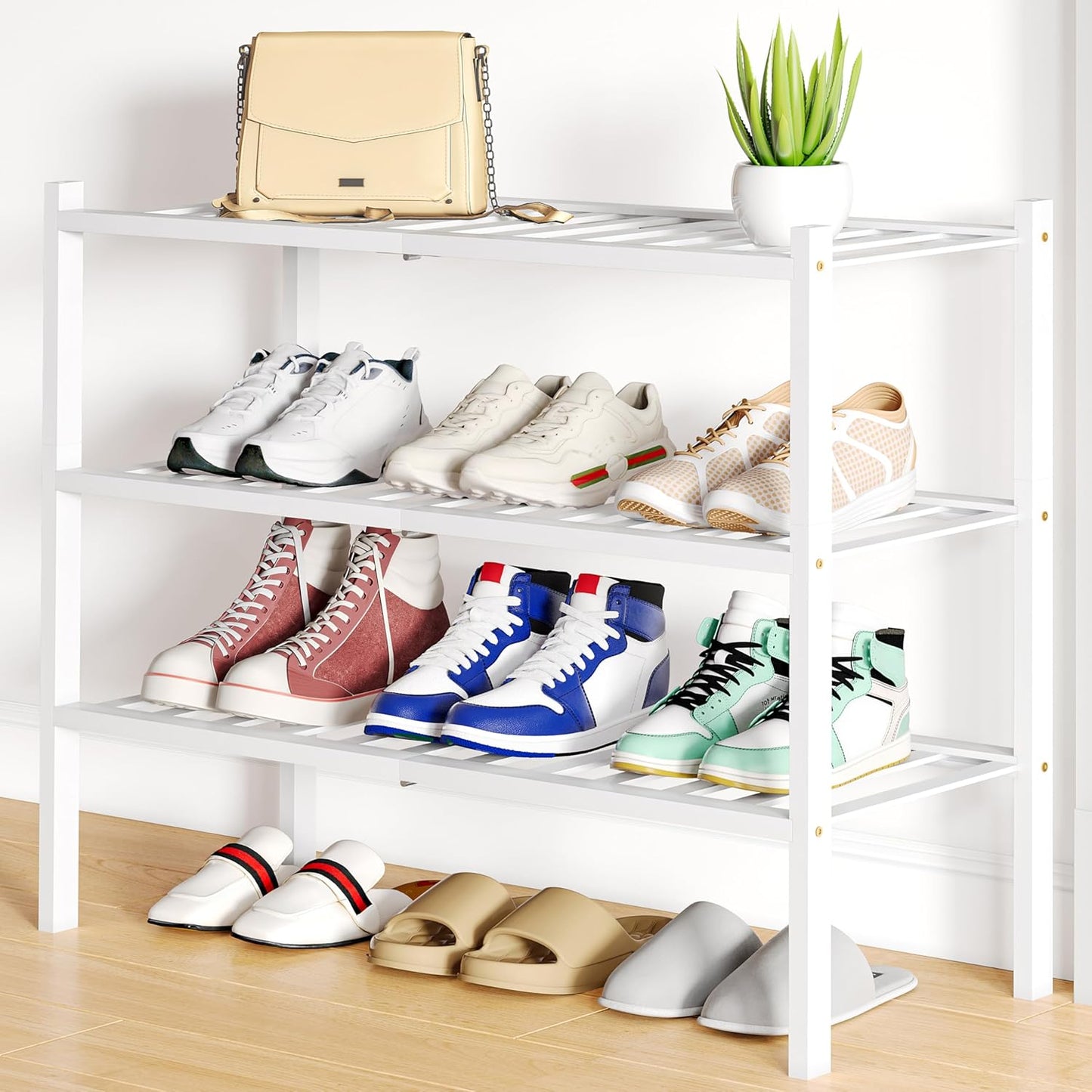 Smiry Shoe Rack, 3 Tier Small Bamboo Shoe Organizer, Stackable Free Standing Wooden Shoe Storage Shelf for Closet, Entryway, Front Door Entrance, White