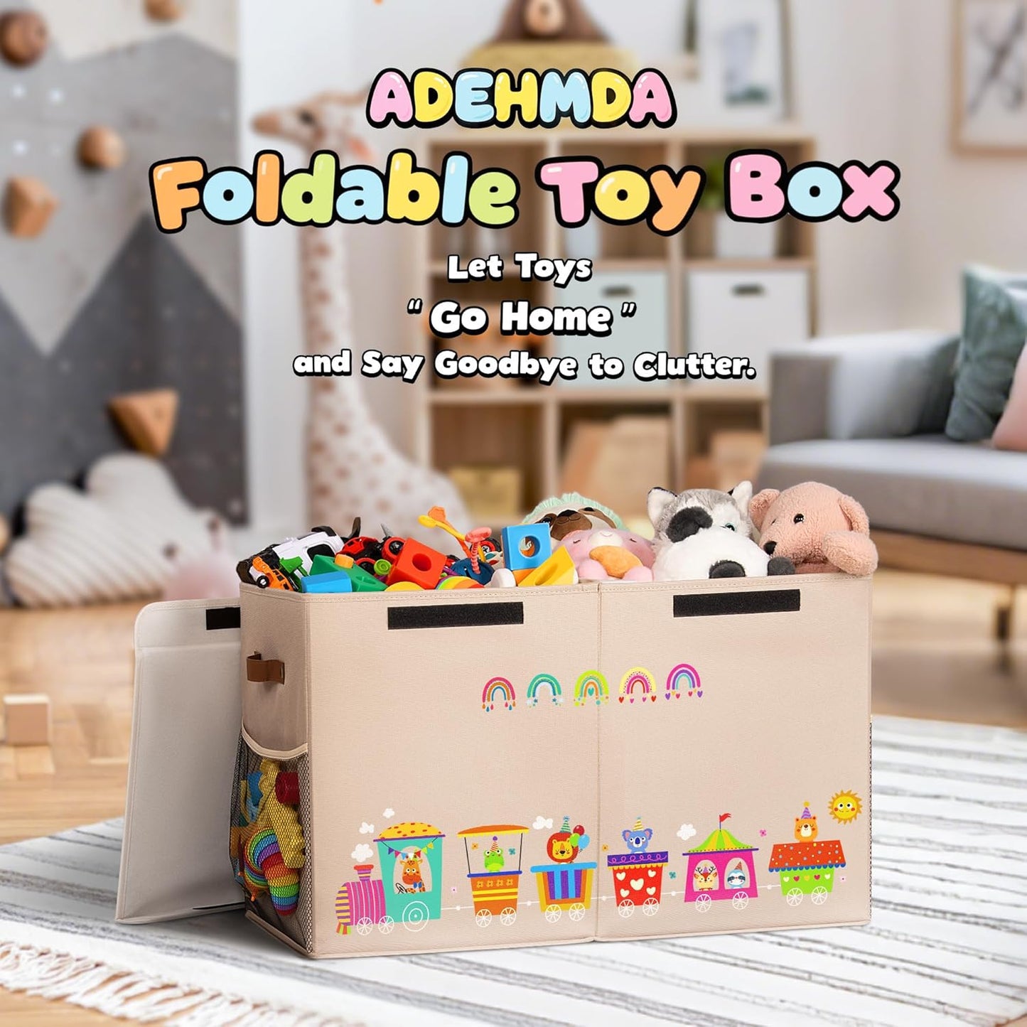 80L Large Toy Storage Box with Lid, Large Toy Box Chest for Kids, Girls and Boys, Nursery Room and Living Room, 26"x13" x16" (Dark Khaki-train)