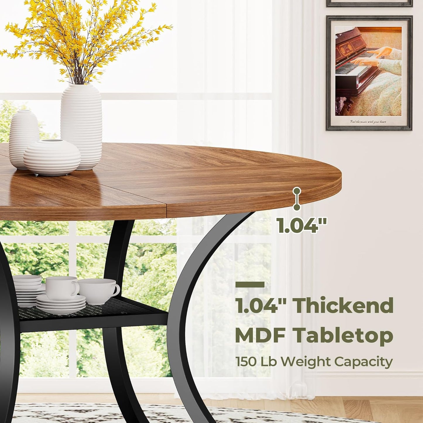 IRONCK 47.2" Round Dining Table for 4, Wood Kitchen Table with Storage Shelf for Dining Room, Dinner Table with Wooden Tabletop and Metal Base, Cherry