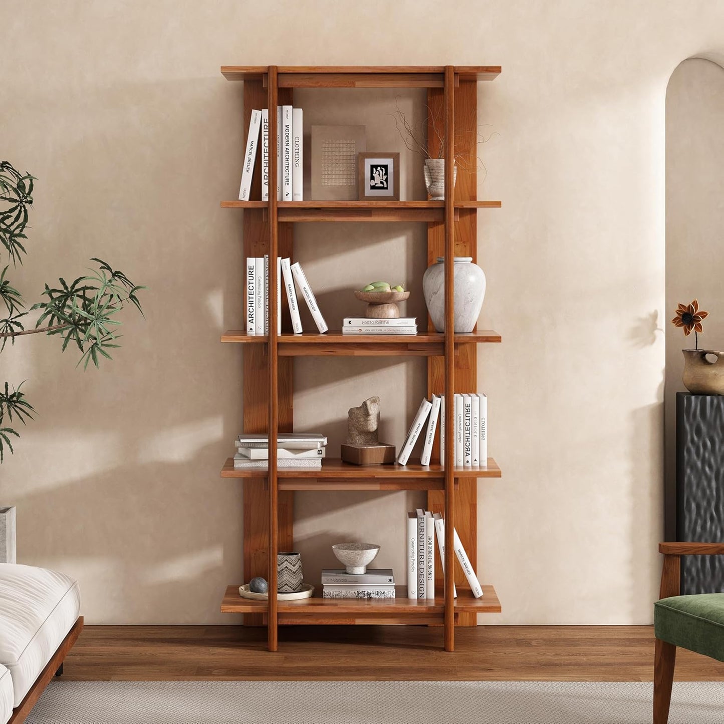 Merax 4 Shelf Narrow Bookcase H-70 L-33 Acacia Wood Open Bookshelf, Contemporary Farmhouse Style Display Storage Shelf for Home Office Studio, Teak Finish