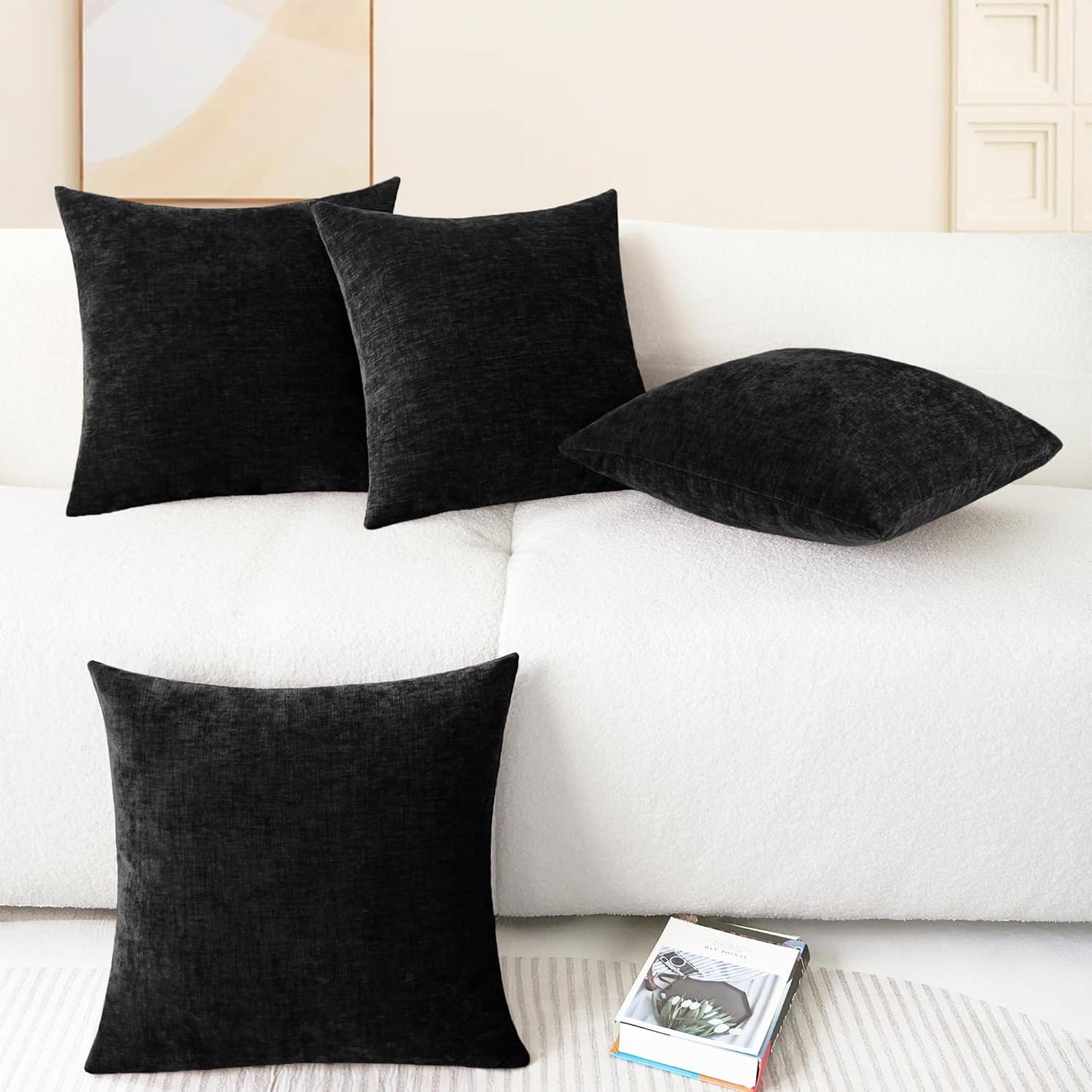 CaliTime Throw Pillow Covers Decorative 18 X 18 Inches Pack of 4 Cozy Chenille Cushion Cases for Couch Sofa Bed Living Room Home Black