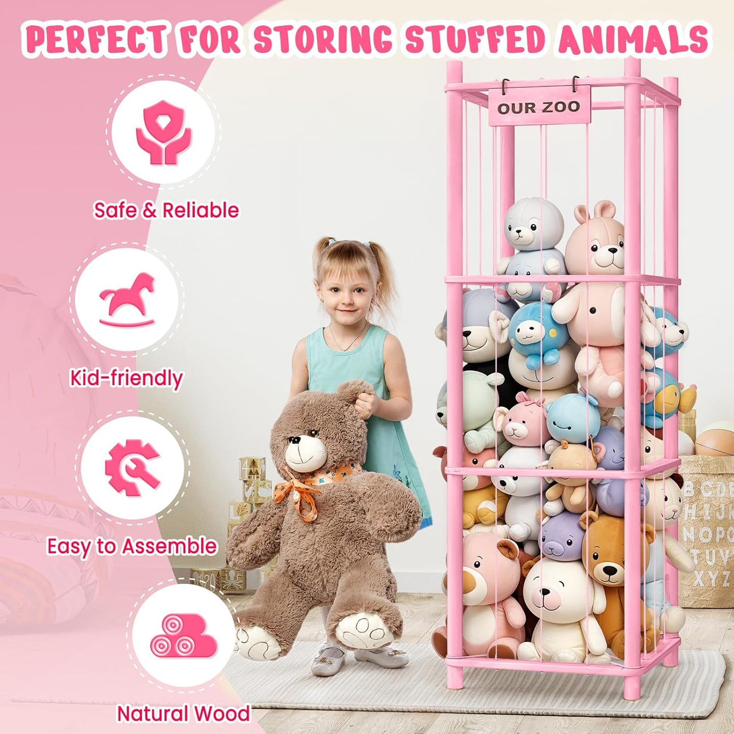 Stuffed Animal Storage & Organizer, Wooden Cute Zoo Toy Holder for Toddler Rooms, Playrooms & Bedrooms（Pink）
