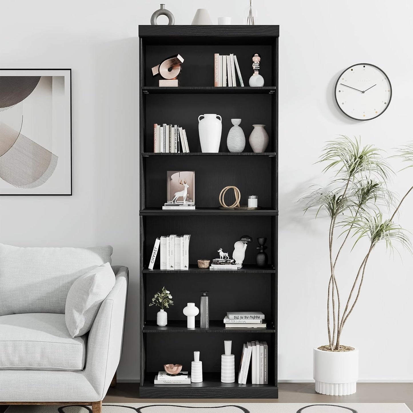 82" Wooden Book Shelf, 5 Shelf Bookcase, Modern Bookshelf with Adjustable Shelf for Home Office, Study Room, Black