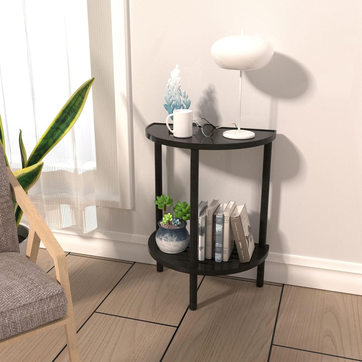 End Table, Half Moon Side Tables, Living Room Half Round 2 Tier Table for Small Space, Living Room Bedroom Couch Tables with Storage Shelf (Black)