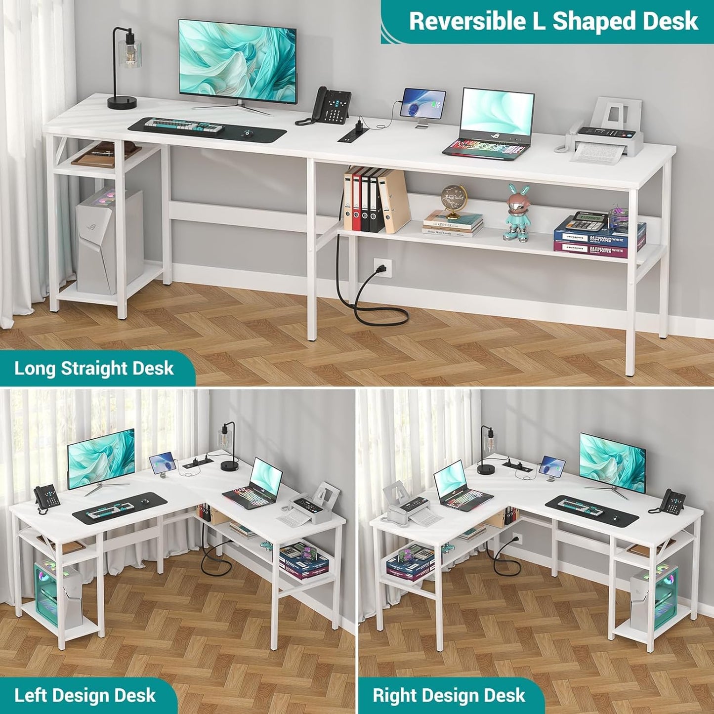 Reversible L Shaped Gaming Desk with Power Outlets and USB Charging Ports, Sturdy Computer Desks with Storage Shelf, Modern Corner Desk Home Office Table, Easy to Assemble, White
