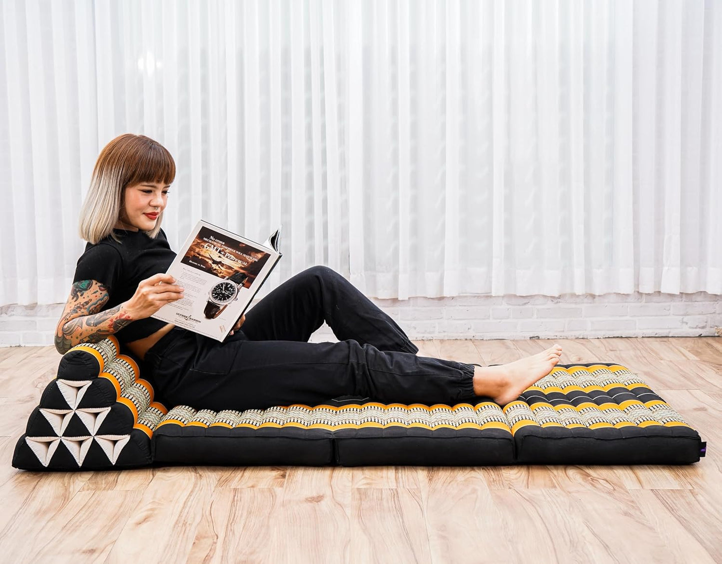 Leewadee Comfortable Japanese Floor Mattress - Thai Floor Bed with Triangle Cushion - Futon Mattress - XL Extra Wide Thai Massage Mat, 67 x 31 inches, Black Orange, Kapok Filling
