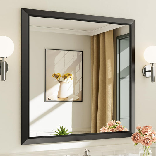 36x36 Inch Black Bathroom Mirror for Wall, Thick Metal Framed Rectangle Mirrors for Over Sink, Bedroom, Living Room, Entryway, Anti-Rust, HD Tempered Glass