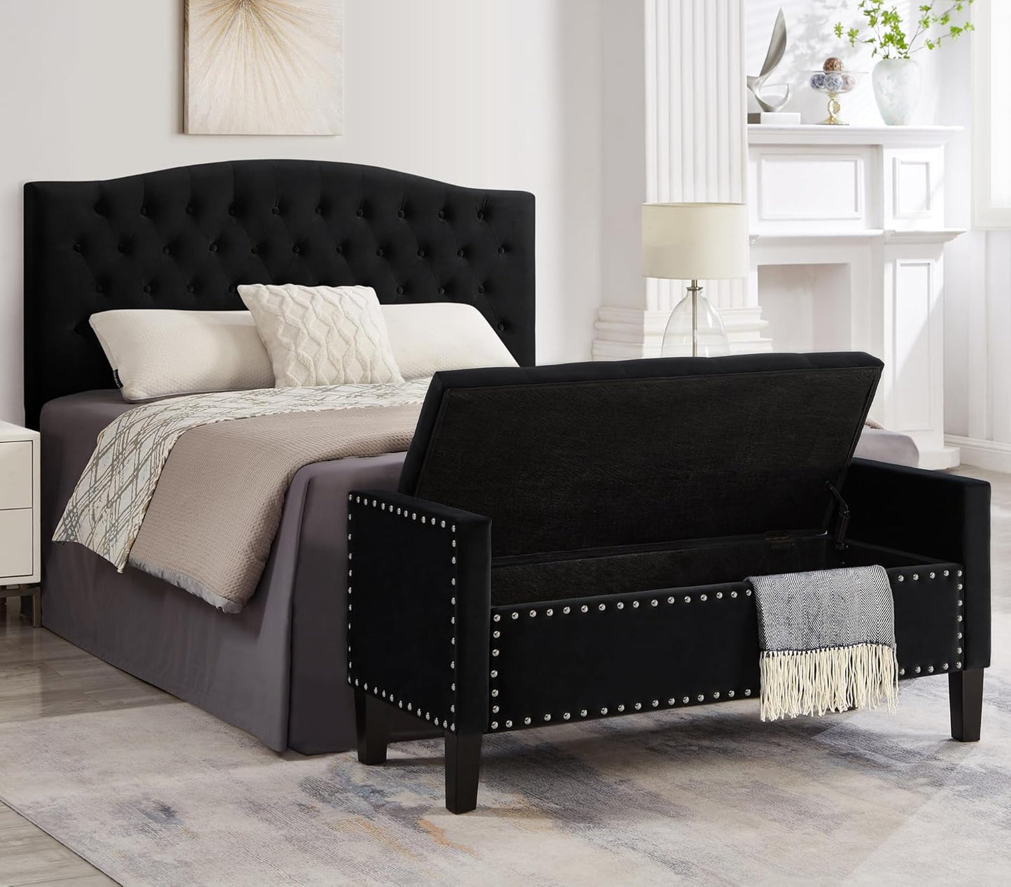 Velvet Storage Ottoman with Armrests and Nails Trim,Entryway Living Room Soft Padded Seat,Bed Bench Bedroom End of Bed,Black (48”L X 18.5” W X 22” H)