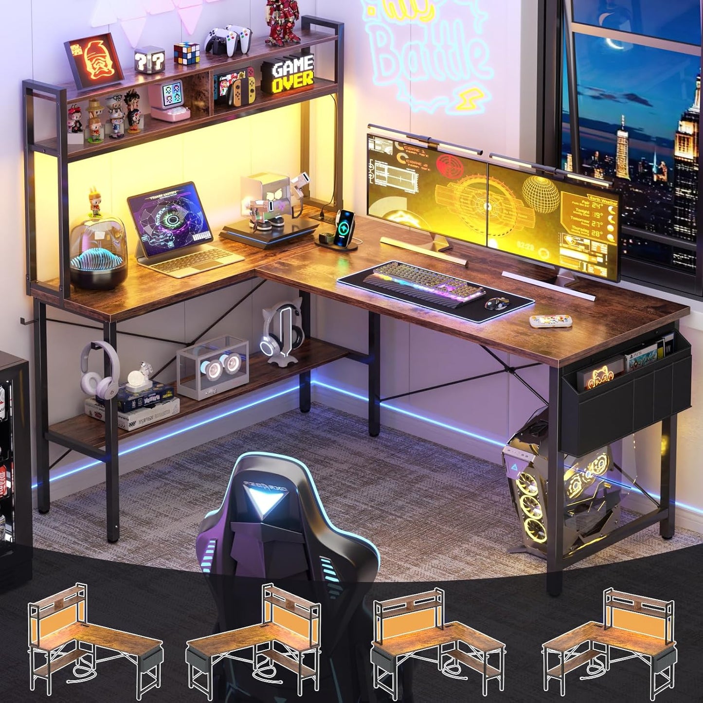 Aheaplus L Shaped Desk Gaming Desk, 59" L Shaped Computer Desk with LED Light & Power Outlet, Reversible Home Office Desk Gamer Desk with Shelves & Storage Bag & Hooks, Corner PC Desk, Rustic Brown
