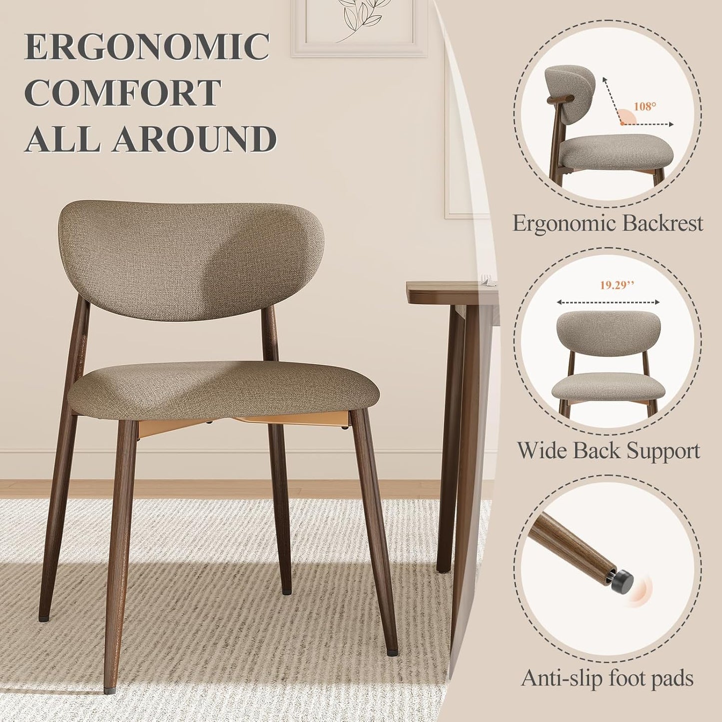 Dining Chairs Set of 2, Ergonomic Fabric Upholstered Seating with Wood Look Metal Legs and Anti Slip Pads, for Home and Restaurant Use, Camel