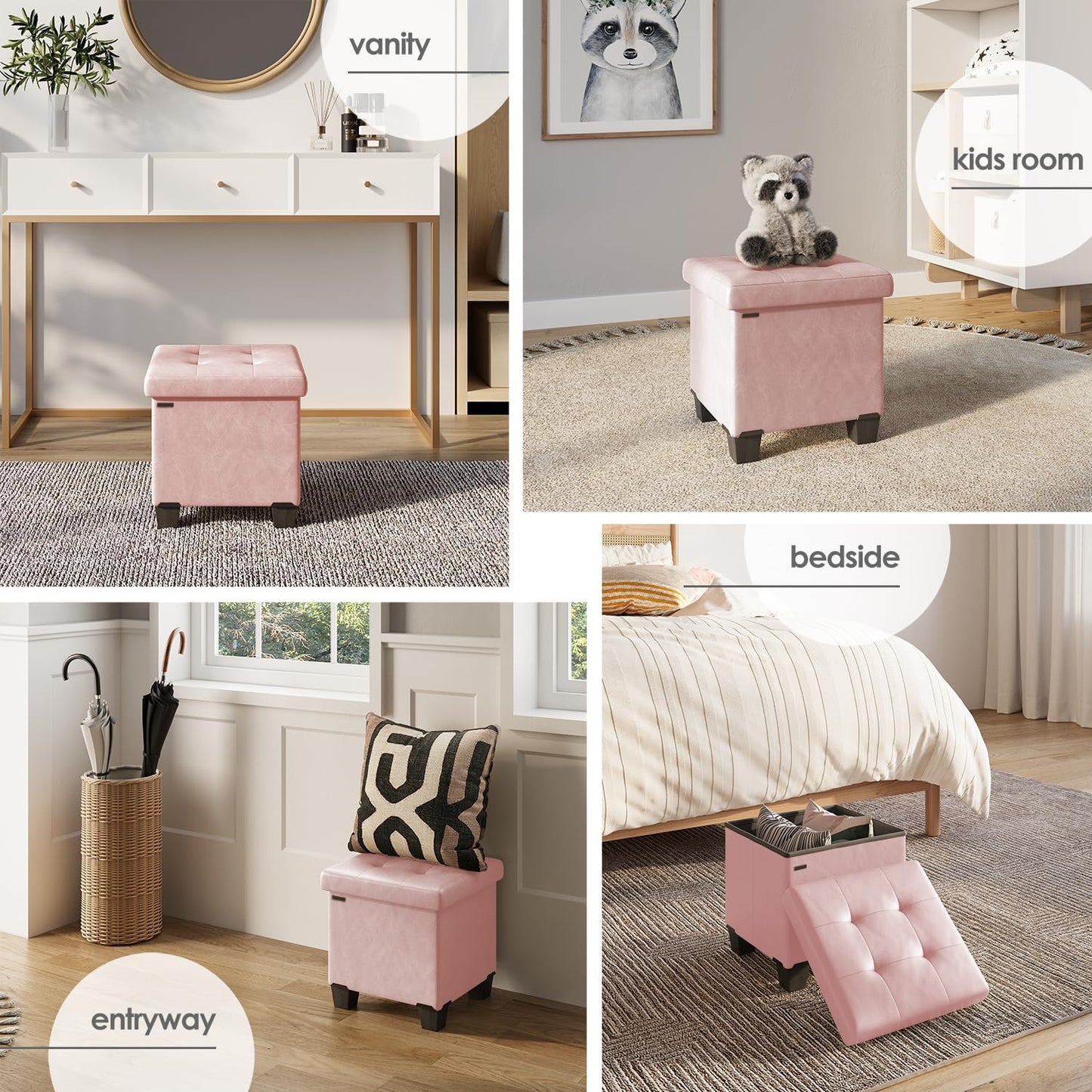 STORAGEBUD Storage Ottoman Cube with Small Bin, 16-in Square Ottoman with Storage for Living Room and Bedroom, Small Ottomans Foot Rest, Faux Leather Foot Stools Ottomans Max 330lbs, Pink