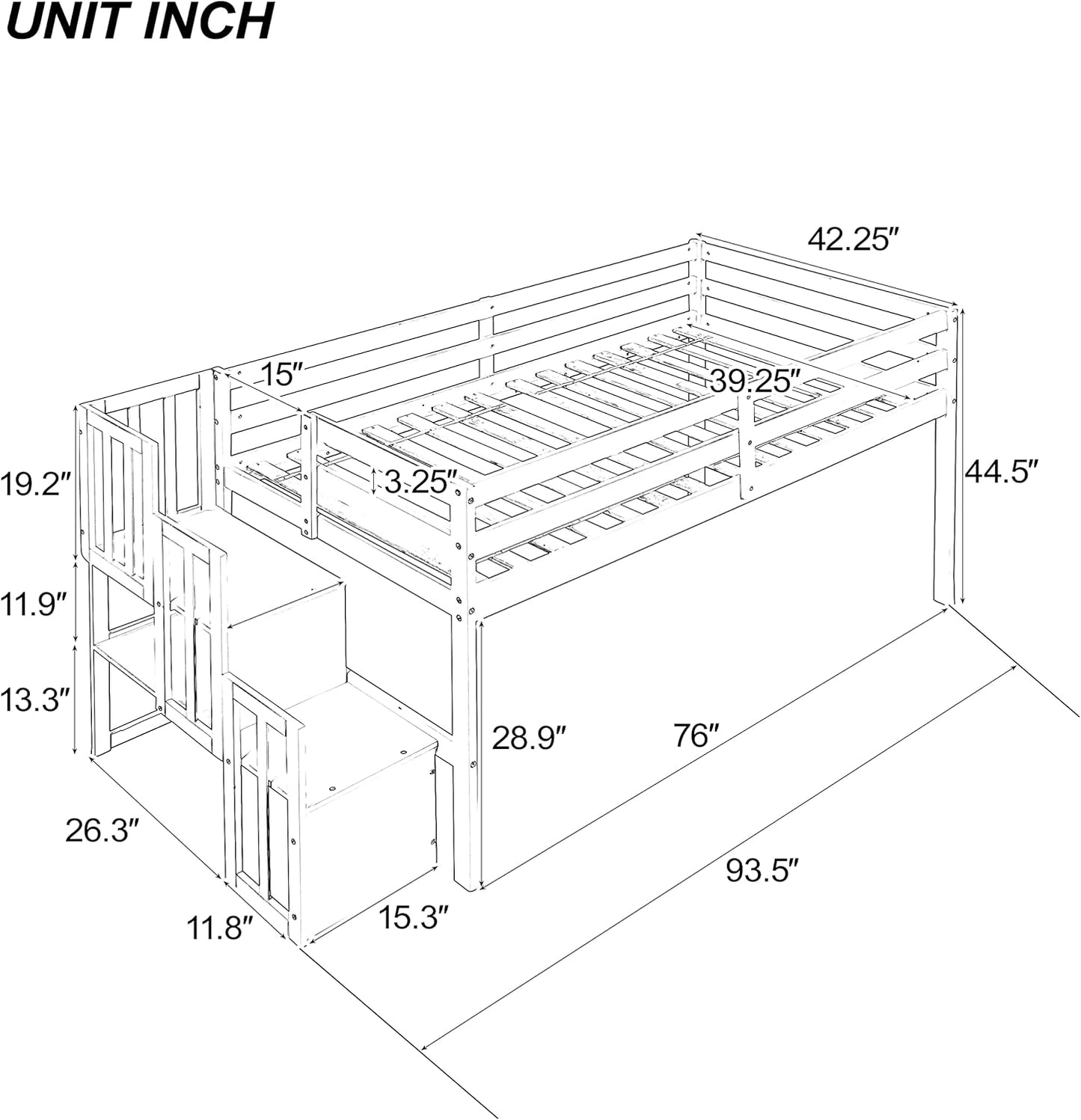 HomSof Loft Bed with Stairs and Storage,White