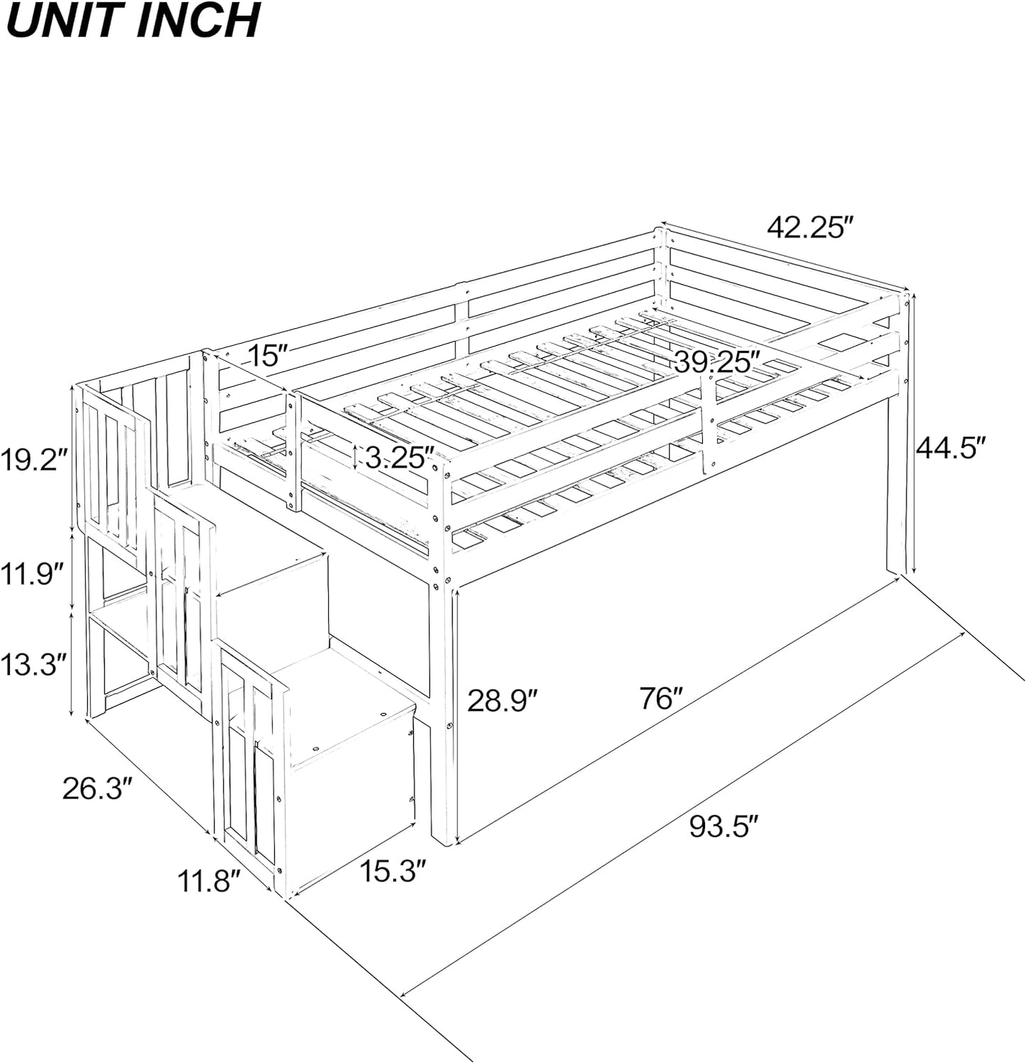 HomSof Loft Bed with Stairs and Storage,Gray