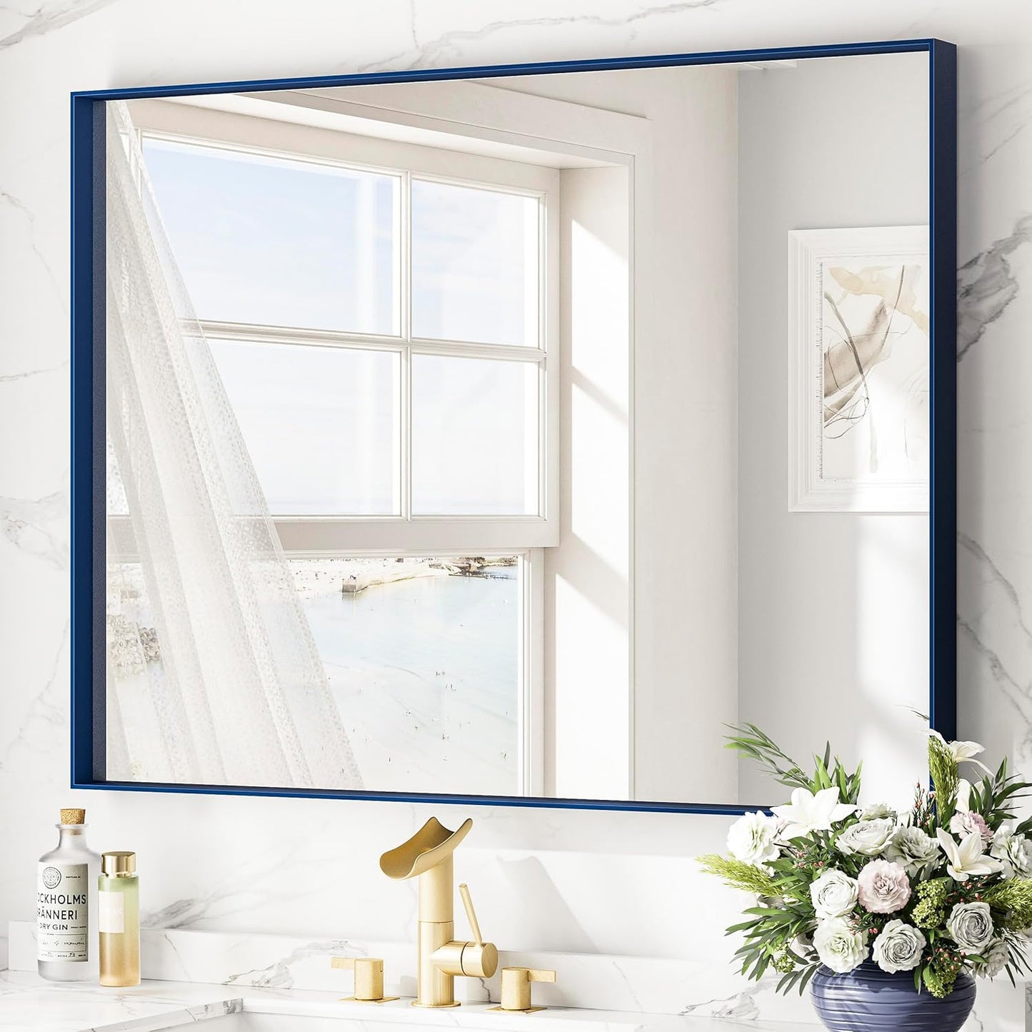 Keonjinn Blue Bathroom Mirror 40 x 30 Inch, Metal Frame Rectangular Wall Mirror, Modern Farmhouse Navy Blue Mirrors, Large Square Corner Rectangle Mirrors for Over Sink