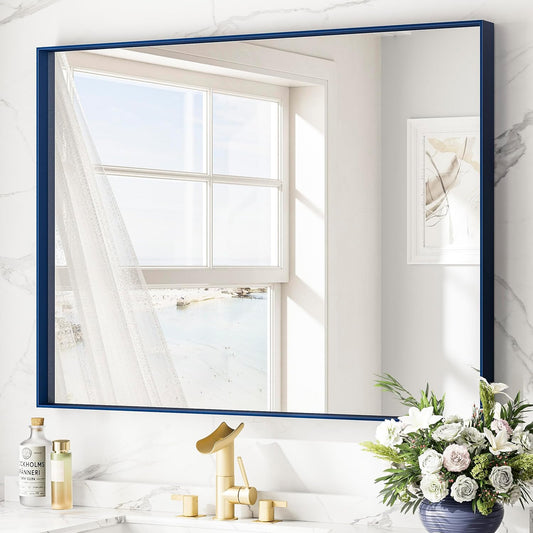 Keonjinn Blue Bathroom Mirror 40 x 30 Inch, Metal Frame Rectangular Wall Mirror, Modern Farmhouse Navy Blue Mirrors, Large Square Corner Rectangle Mirrors for Over Sink