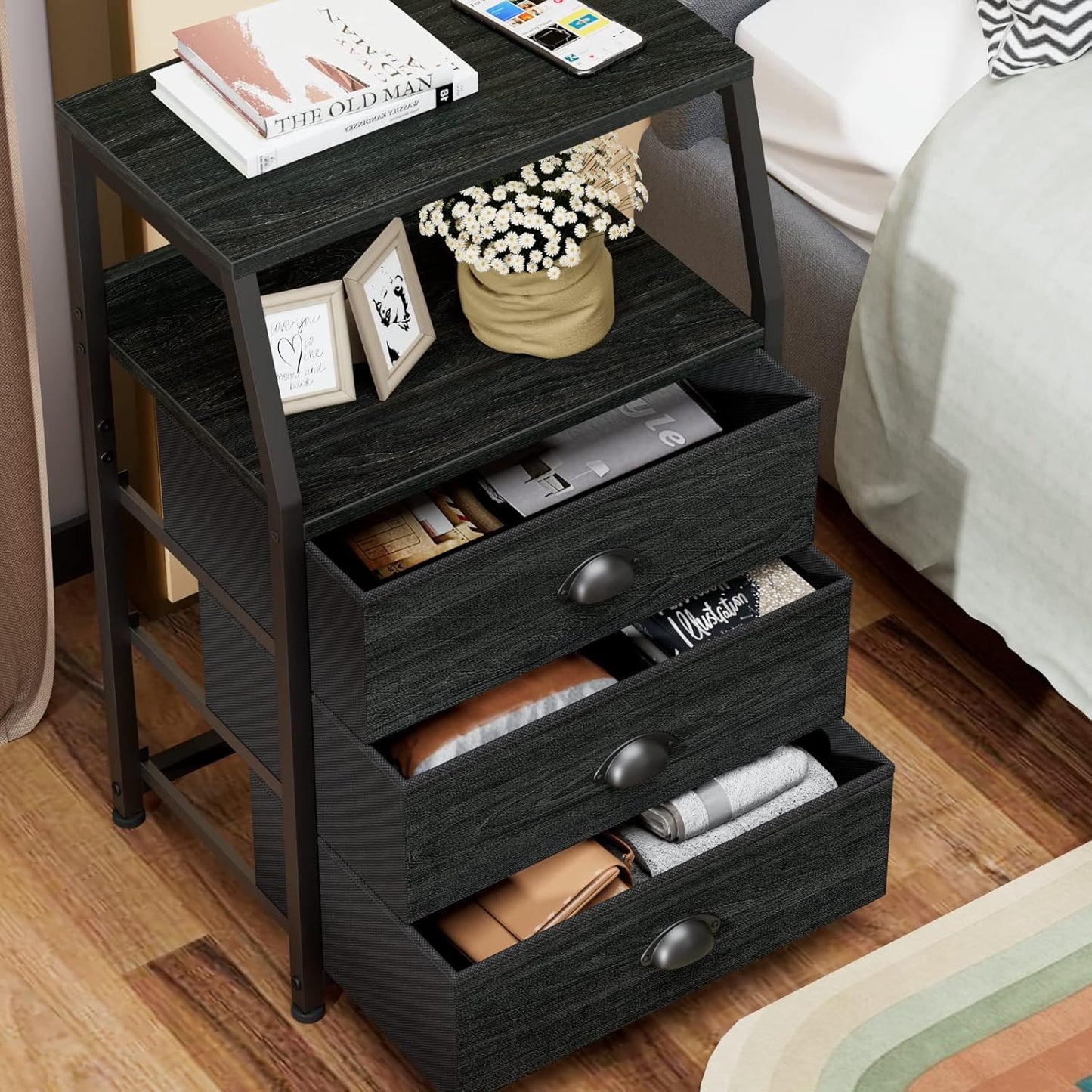 Furnulem Black Night Stand, Small Dresser for Bedroom, Nightstand with 3 Fabric Storage Drawers and 2-Tier Shelf, End Table Side Furniture for Closet, Hallway, Nursery, Sturdy Steel Frame, Wood Top