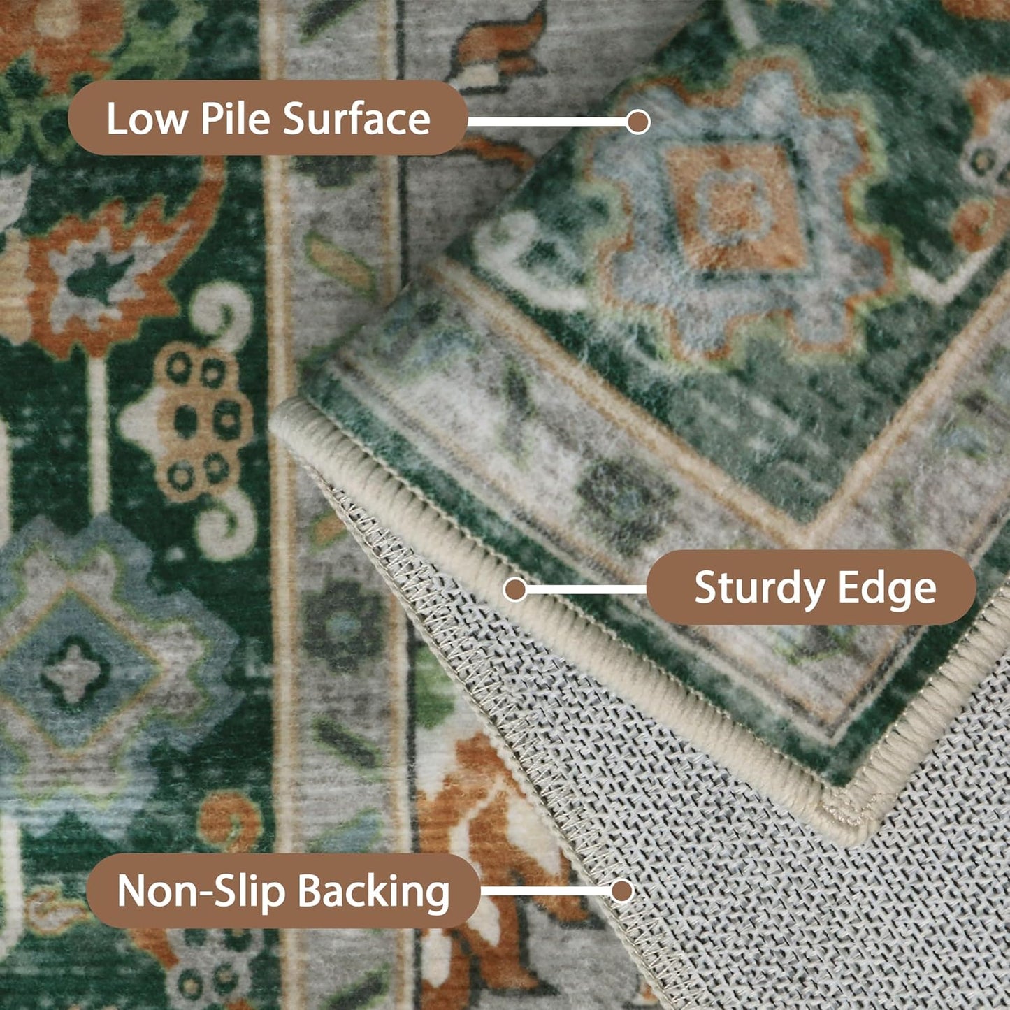 GENIMO 2x5 Runner Rugs for Hallway, Machine Washable Non Slip Vintage Rugs, Low Pile Lightweight Soft Print Rug for enrtyway, Corridor, Home Office, Kitchen,Pine Green