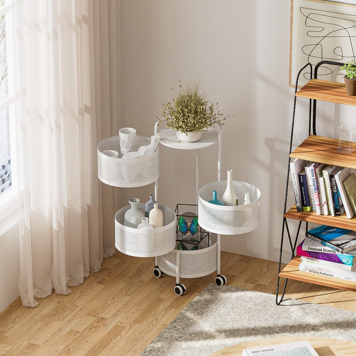 JAQ Rotating Storage Shelves Rack for Kitchen, 4-Tier Multi Layer Removable Basket Shelf Organizer on Rolling Wheels for Fruit Vegetable Grocery Corns Potato Onion (4-Tier, White)