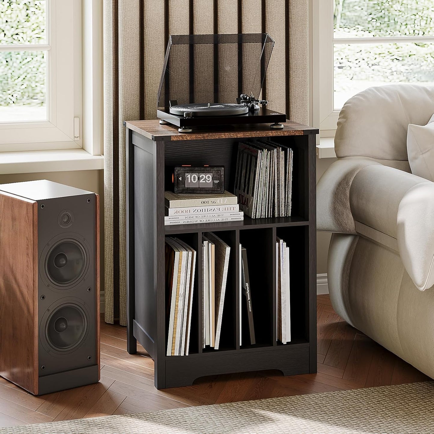 ChooChoo Record Player Stand, Vinyl Record Storage Cabinet, Turntable Stand Holds up to 160 Albums, Record Player Table Display Shelf for Living Room, Bedroom, Office, Vintage Black