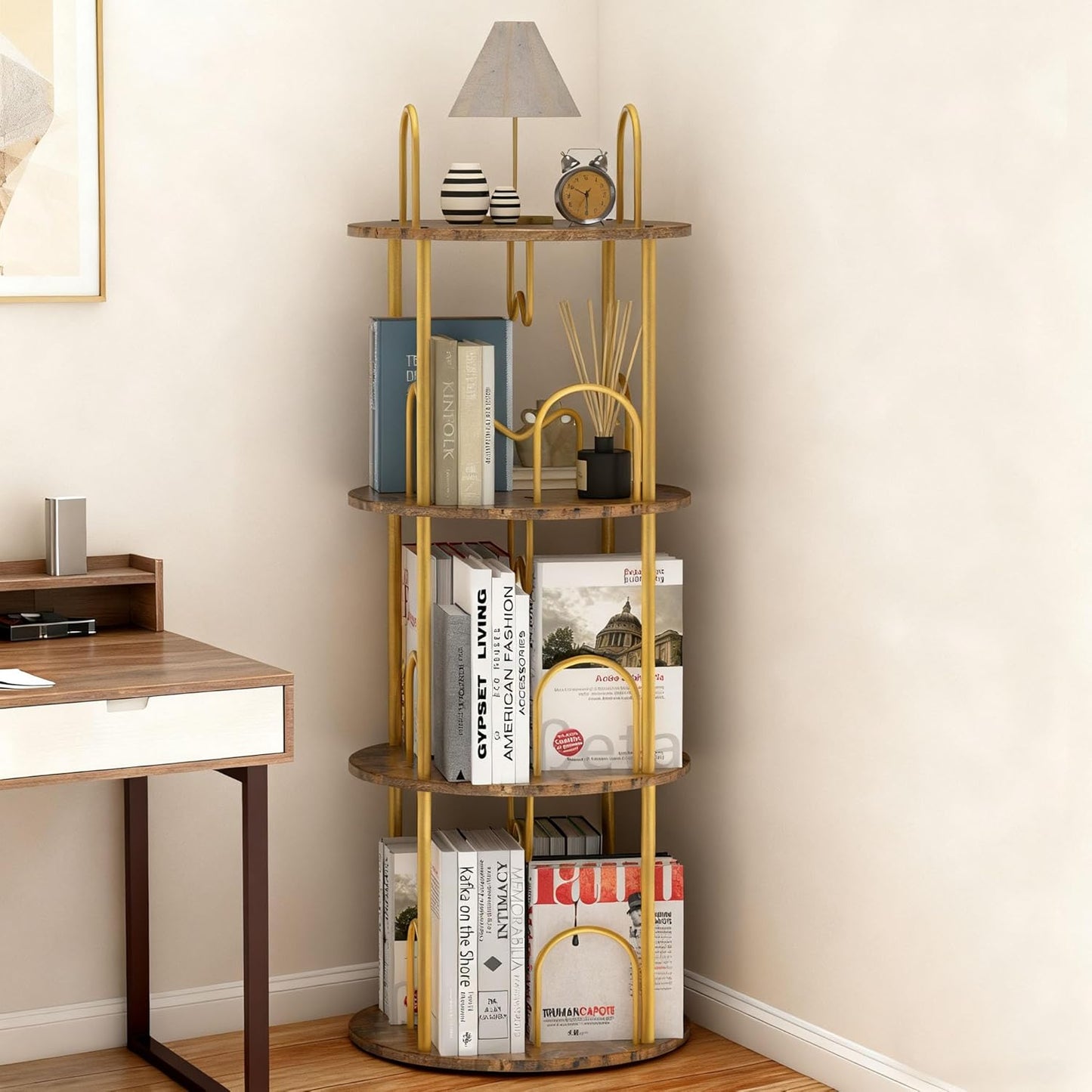 3 Tier Rotating Bookshelf, 360° Spinning Bookshelf Tower, Round Narrow Space Saving for Books and Display, Revolving Bookcase Corner Tall Book Shelf for Small Spaces, Bedroom, Living Room, Gold+Brown