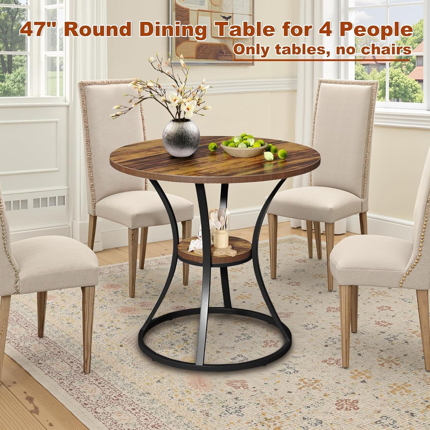 Round Dining Table for 2-4, 31.5" Small Dinner Table Kitchen Tables with Storage Shelf for Dining Room, Kitchen, Living Room, Brown and Black