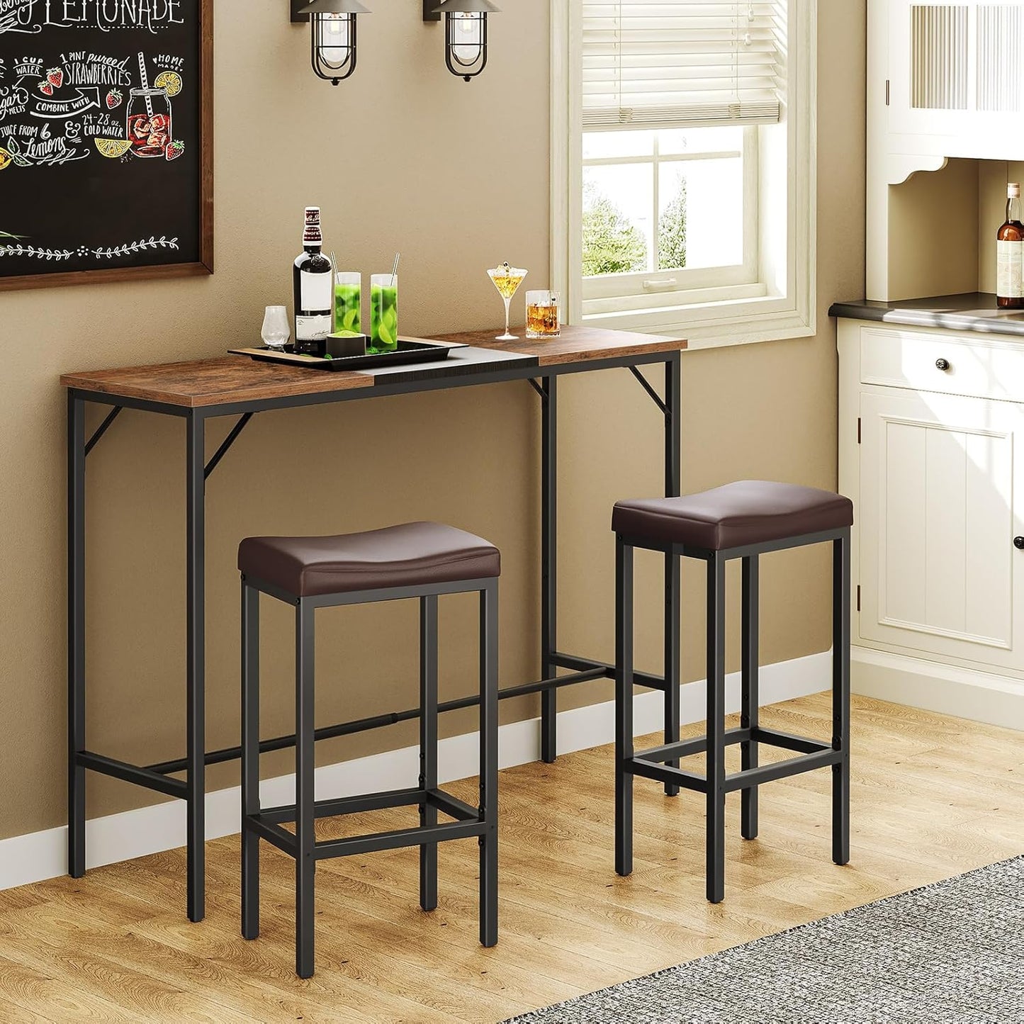 HOOBRO Bar Chairs, Set of 2 Counter Height Saddle Stools with Curved Surface, 24.8 Inches, 2.4" Thick Upholstery, for Kitchen and Dining Room, Brown and Black BC10BY01