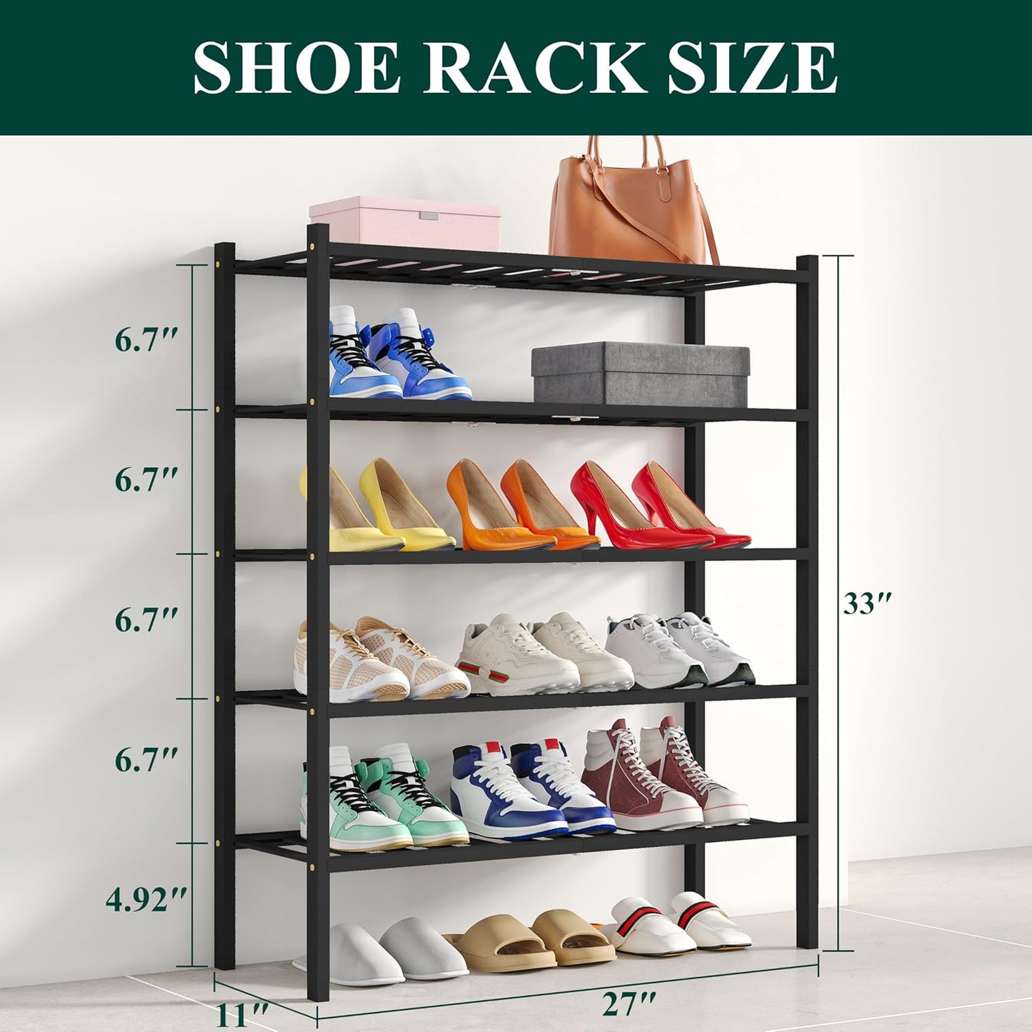 Smiry Shoe Rack, 5 Tier Bamboo Shoe Organizer, Stackable Free Standing Wooden Shoe Storage Shelf for Closet, Entryway, Front Door Entrance, Black