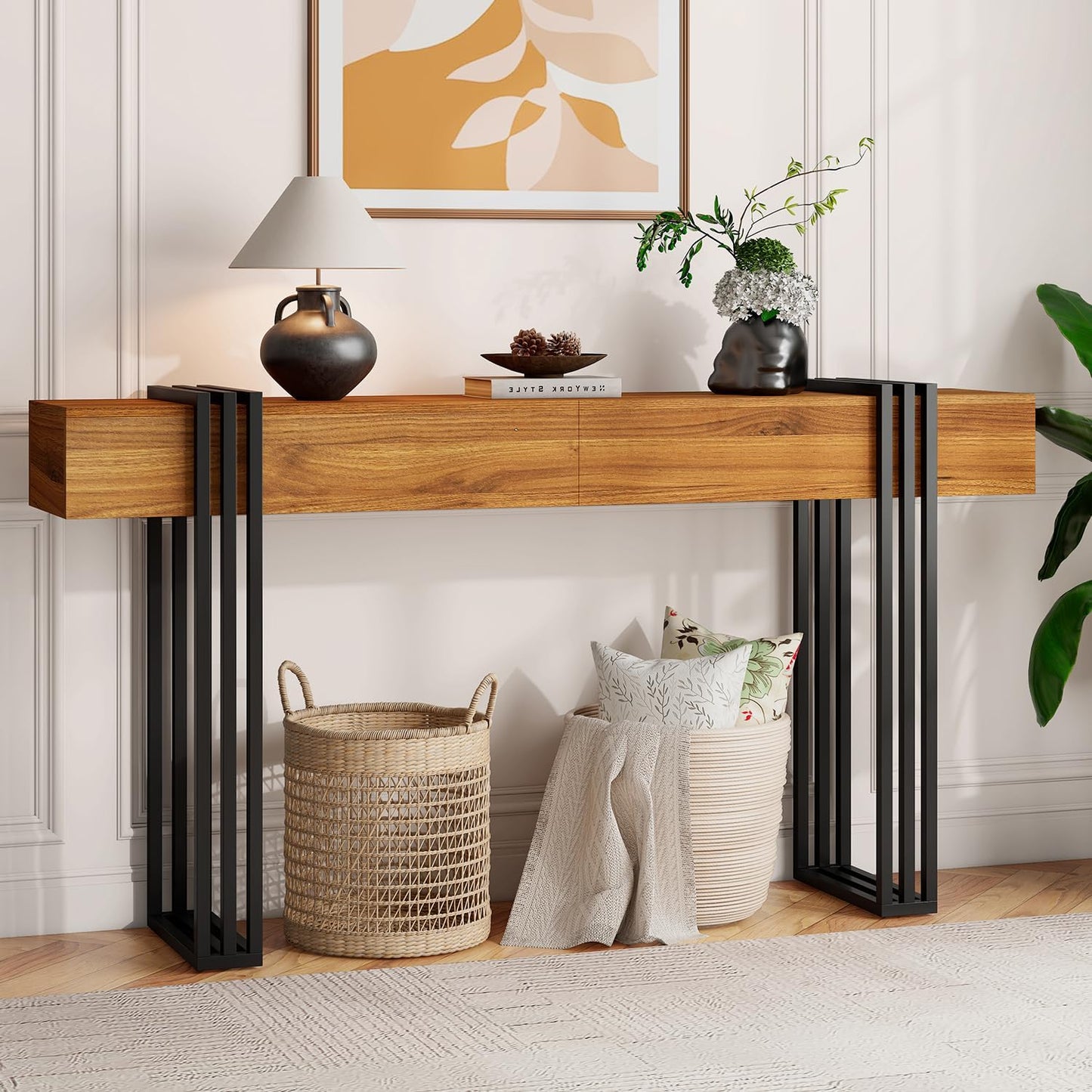 63 Inch Long Console Table, Industrial Sofa Table Behind The Couch Rectangular Entryway Table for Entrance Hallway Living Room, Brown