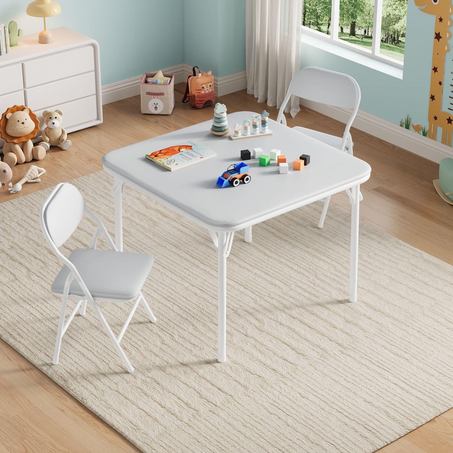IDEALHOUSE 3 Piece Folding Kids Table and Chairs Set, Children Activity Table and Chairs Set for Dining Room,Daycare,Classrooms