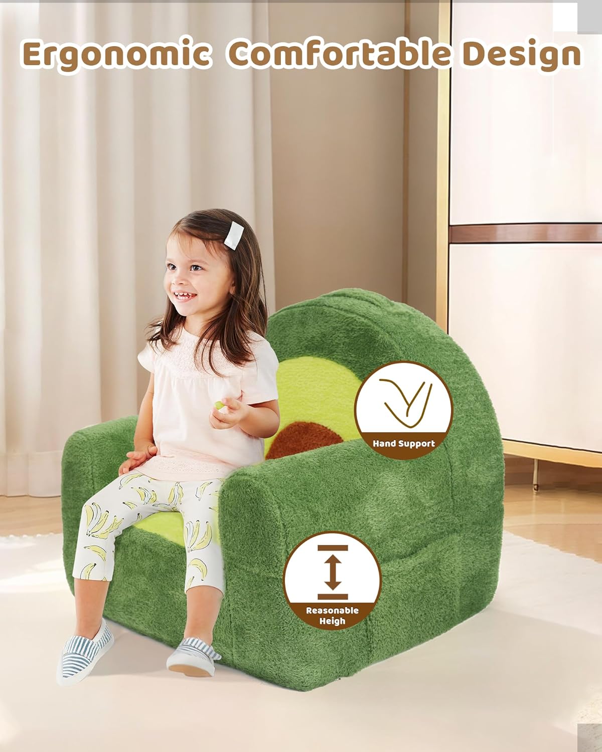 Toddler Chair, Comfy Foam Kids Couch with Soft Velvet Cover, Toddler Couch with Cute Avocado Design for Gaming and Studying, Kids Sofa for Boys and Girls