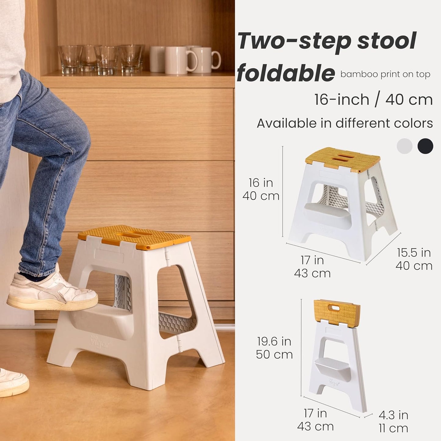 Vigar Compact Step Stool Foldable, 16-inch Two-Step Stools for Adults up to 330 Pound, Lightweight Stool, Non-Slip Folding Step Stool, Grey, Bamboo Print on Top